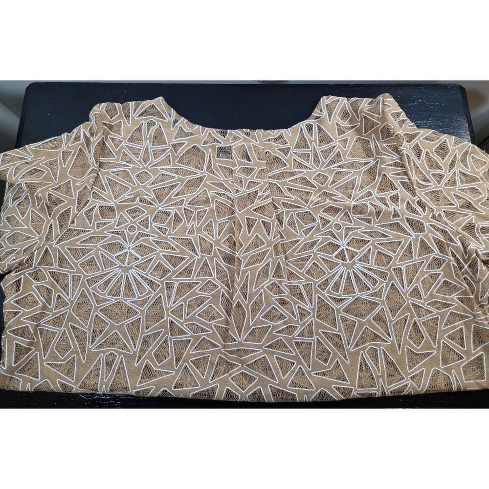 New Directions NWT Tan White Geometric Open weave long sleeve crew neck top XL - Picture 3 of 7